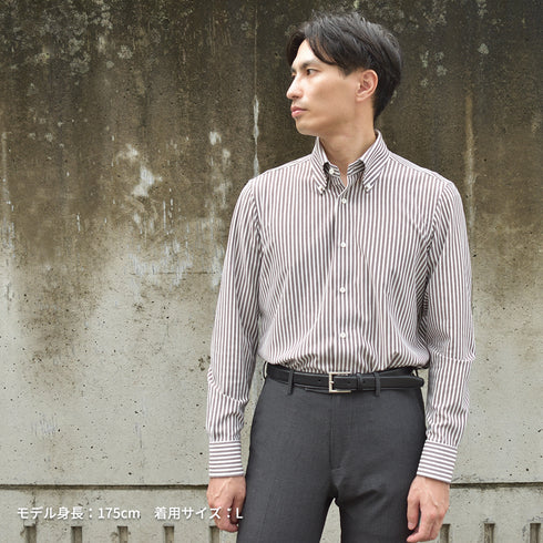 【日本製】ワイシャツ メンズ 長袖 ビジネス カジュアル イージーケア ノーアイロン ストライプ ボタンダウン ブラウン(SNKN24-080-br)